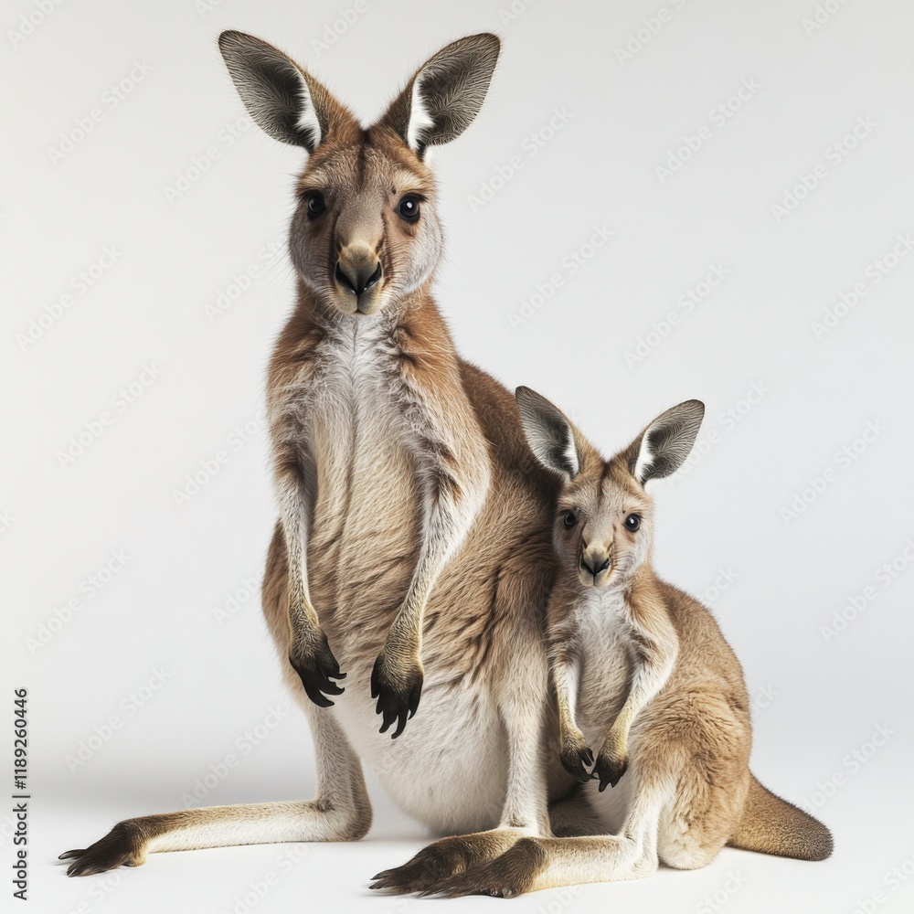Fototapeta premium A kangaroo mother and joey on a plain background