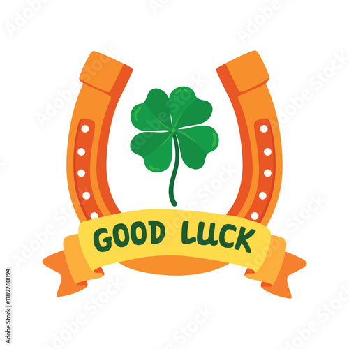 Good luck poster with horseshoe and four leaf clover. Cartoon banner with hand written. Fortune symbols  isolated on white background. Vector designs in yellow and green. Flat color illustration.