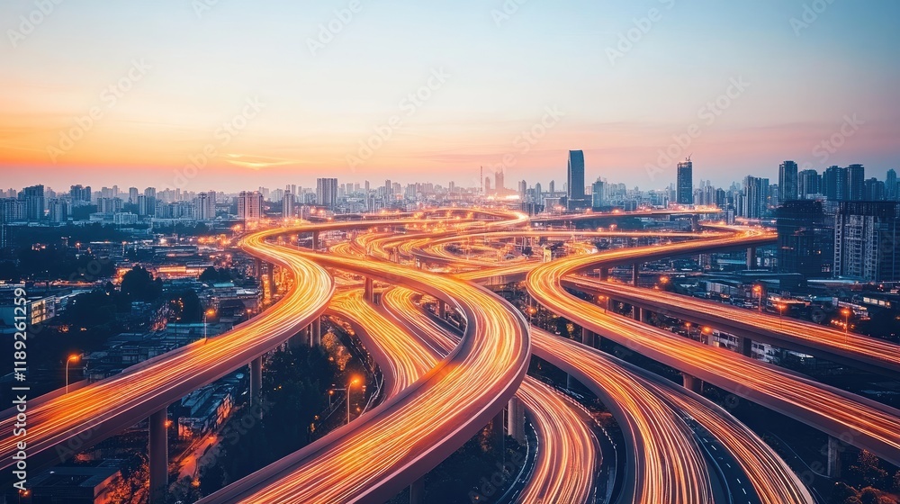 A vibrant cityscape with a complex network of illuminated highways at sunset. A vibrant cityscape with a complex network of illuminated highways at sunset.