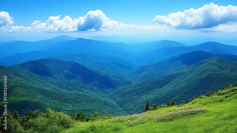 Naklejka premium Serene Mountain Range Under Blue Sky With Fluffy Clouds
