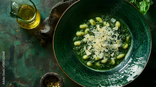 Spinach Gnocchi with Basil Pesto and Parmesan Cheese