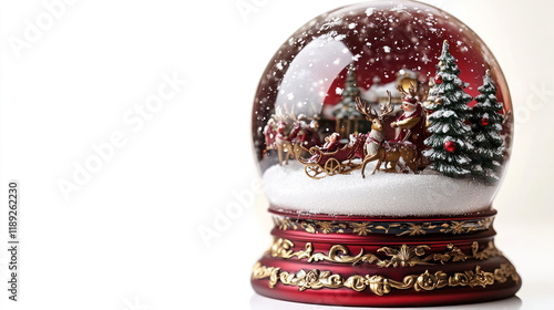 Red Christmas snow globe; winter scene, white background, holida photo