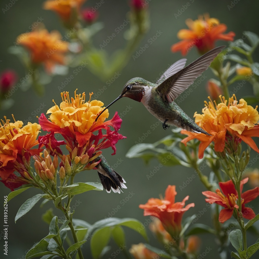 Obraz premium A hummingbird feeding near a mix of red, yellow, and orange exotic flowers.