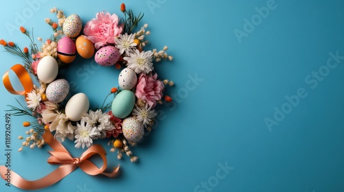 A flat lay of a floral Easter wreath with colorful ribbons and eggs