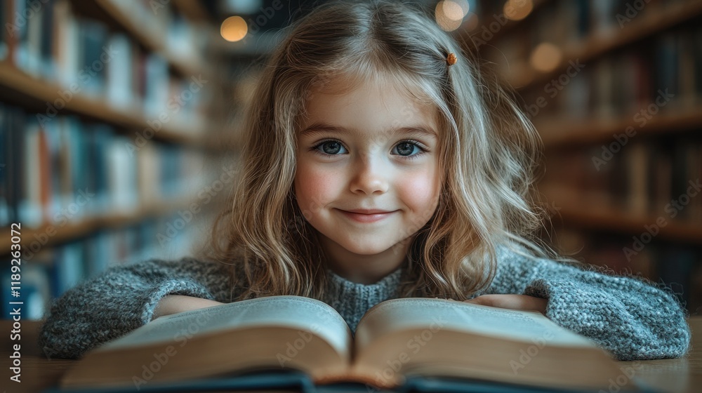 Fototapeta premium A smiling girl with blonde hair sits at a table in a library, leaning on an open book.