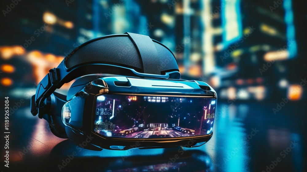 A photo of VR headset and futuristic graphics A photo of VR headset and futuristic graphics