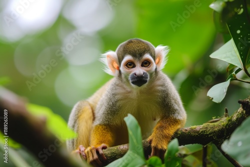 Squirrel monkey resting on a branch in the amazon rainforest amidst lush green foliage and dappled sunlight during a peaceful morning photo