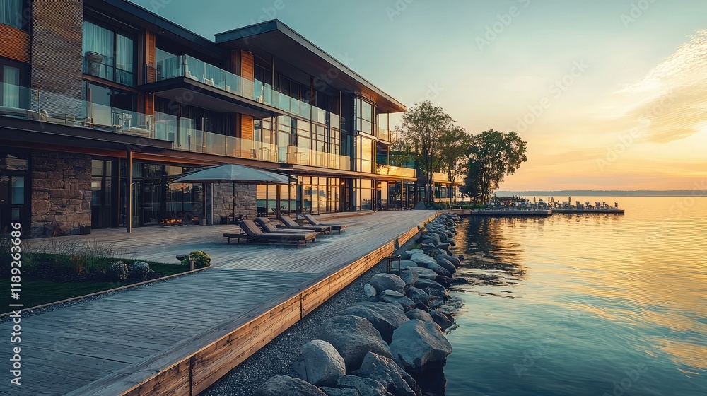 Fototapeta premium Modern Lakeside Resort at Sunset with Tranquil Water Reflection