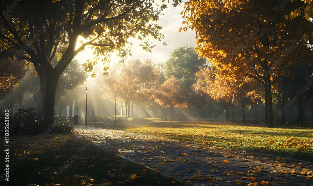 A serene park scene with autumn foliage and soft sunlight filtering through trees. A serene park scene with autumn foliage and soft sunlight filtering through trees.