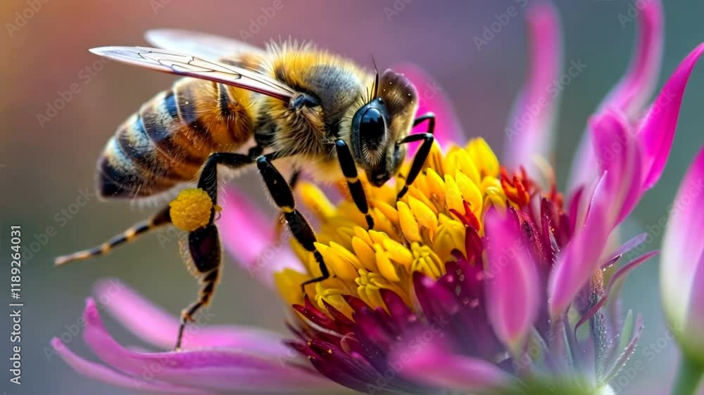 Close up of colorful bee collecting pollen from vibrant flowers, showcasing intricate details of nature and vital role of pollination in garden ecosystem. Close up of colorful bee collecting pollen from vibrant flowers, showcasing intricate details of nature and vital role of pollination in garden ecosystem.