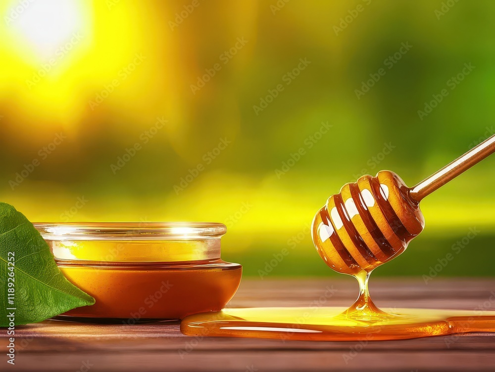 A jar of golden honey with a honey dipper, surrounded by a natural setting, capturing the essence of sweetness and nature's bounty. A jar of golden honey with a honey dipper, surrounded by a natural setting, capturing the essence of sweetness and nature's bounty.
