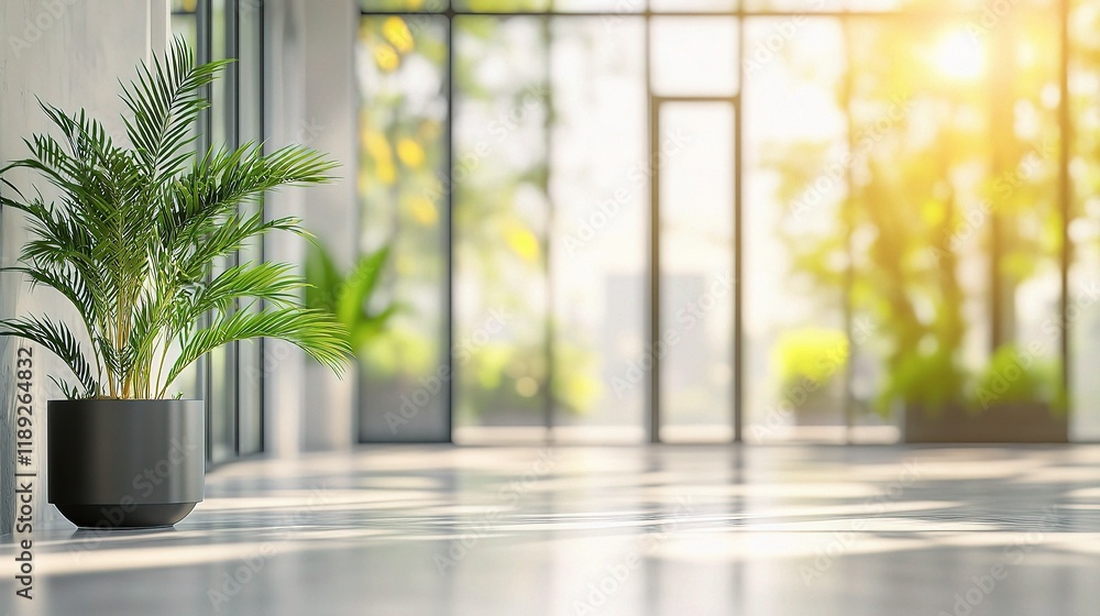 Fototapeta premium Sunlit interior with plant: a modern interior bathed in sunlight, featuring a large potted plant, creating a sense of freshness and serenity.