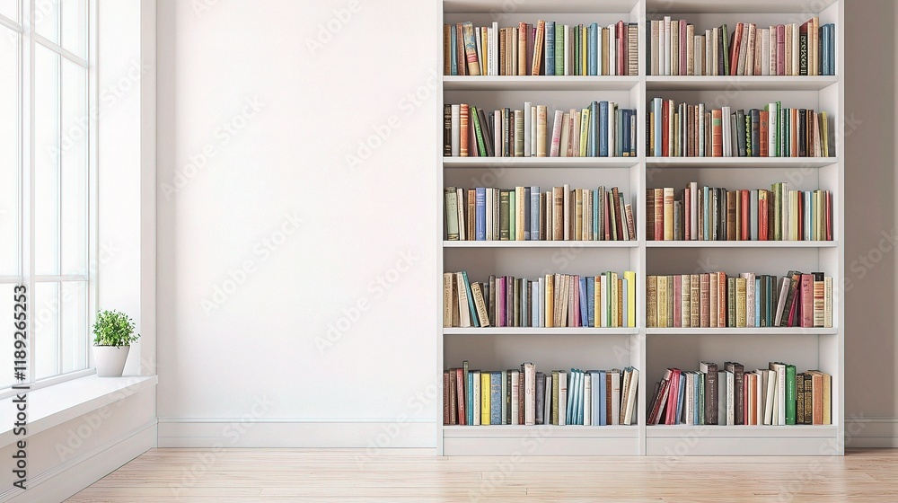 Modern White Wooden Bookcase Loaded with Books in Bright Room Modern White Wooden Bookcase Loaded with Books in Bright Room