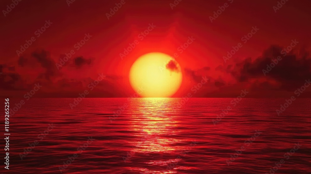 Majestic Sunset Over Calm Ocean Reflecting Vibrant Red Hues Majestic Sunset Over Calm Ocean Reflecting Vibrant Red Hues