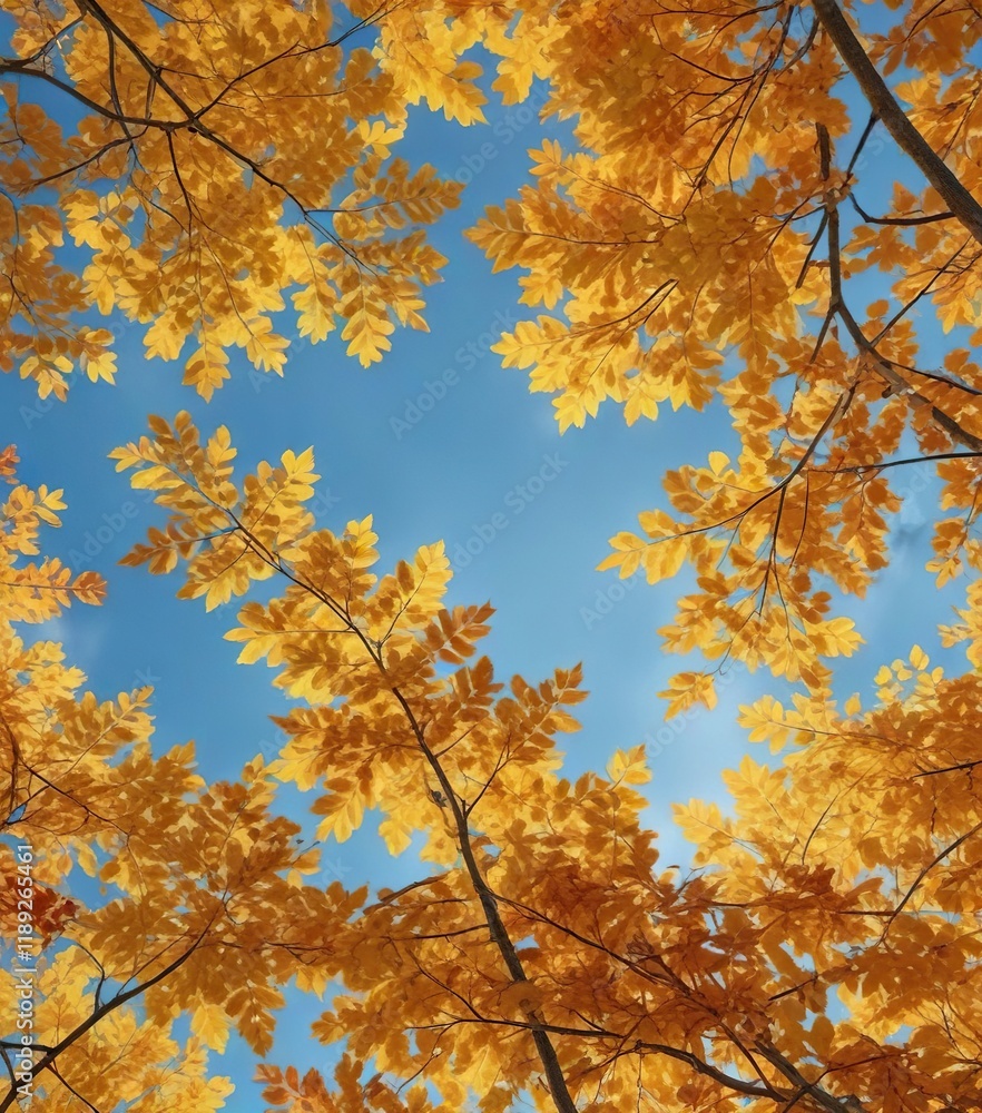 Orange and yellow autumn leaves on a clear blue day, outdoor photography, environment Orange and yellow autumn leaves on a clear blue day, outdoor photography, environment