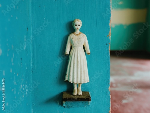 Vintage woman figurine against a vibrant teal wall showcasing details of nostalgia, innocence, and forgotten places in a rustic environment. photo