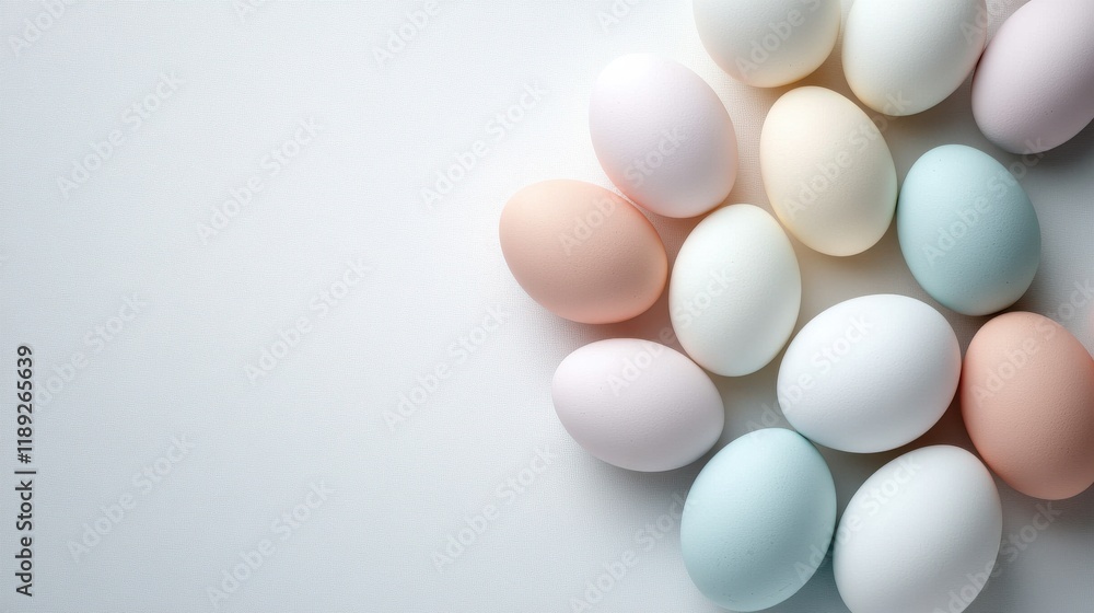 A top view of pastel Easter eggs placed in a spiral pattern on a white table A top view of pastel Easter eggs placed in a spiral pattern on a white table