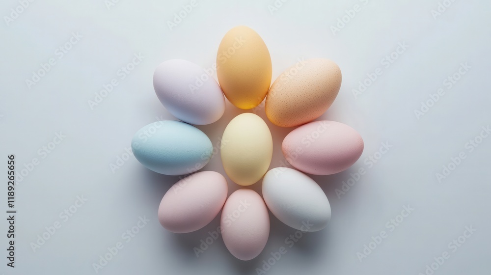 A top view of pastel Easter eggs placed in a spiral pattern on a white table A top view of pastel Easter eggs placed in a spiral pattern on a white table