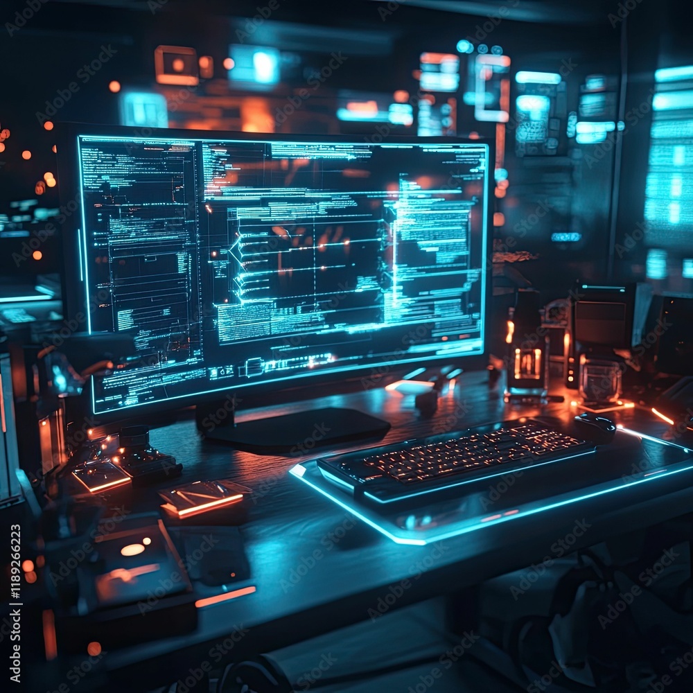 Neon-lit desk, computer, keyboard, code displayed. Neon-lit desk, computer, keyboard, code displayed.