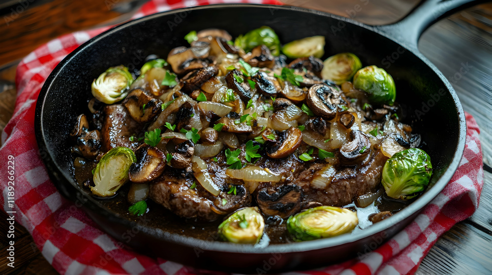 Sizzling Steak with Mushrooms and Brussels Sprouts Sizzling Steak with Mushrooms and Brussels Sprouts