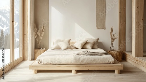 Serene Minimalist Bedroom: Wooden Platform Bed, Natural Light, and Mountain View