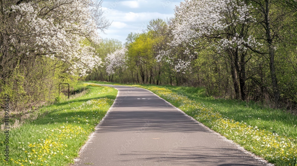 Winding paved path through blossoming trees and dandelions. Winding paved path through blossoming trees and dandelions.