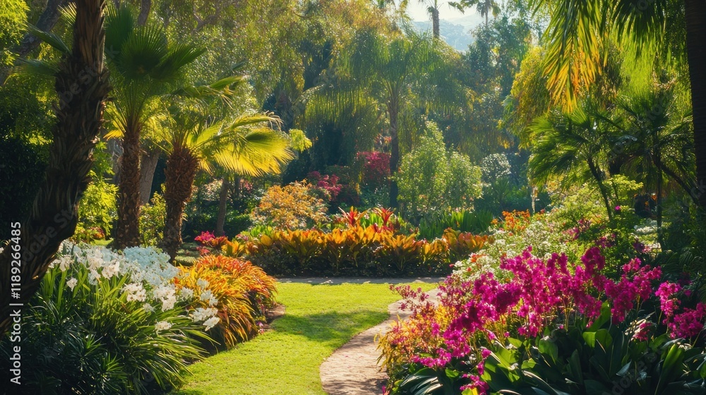 Obraz premium Lush tropical garden path with vibrant flowers and palm trees on a sunny day.