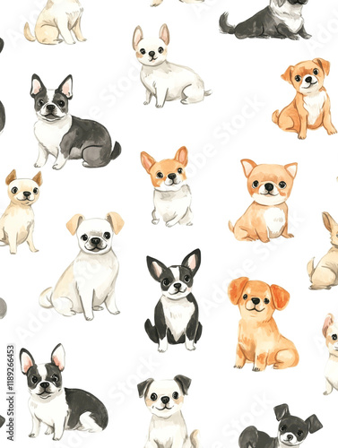 watercolor illustration of Seamless hand-drawn pattern of various small cute and playful dogs on a clean white background. The dogs are illustrated in a whimsical, cartoon style,
