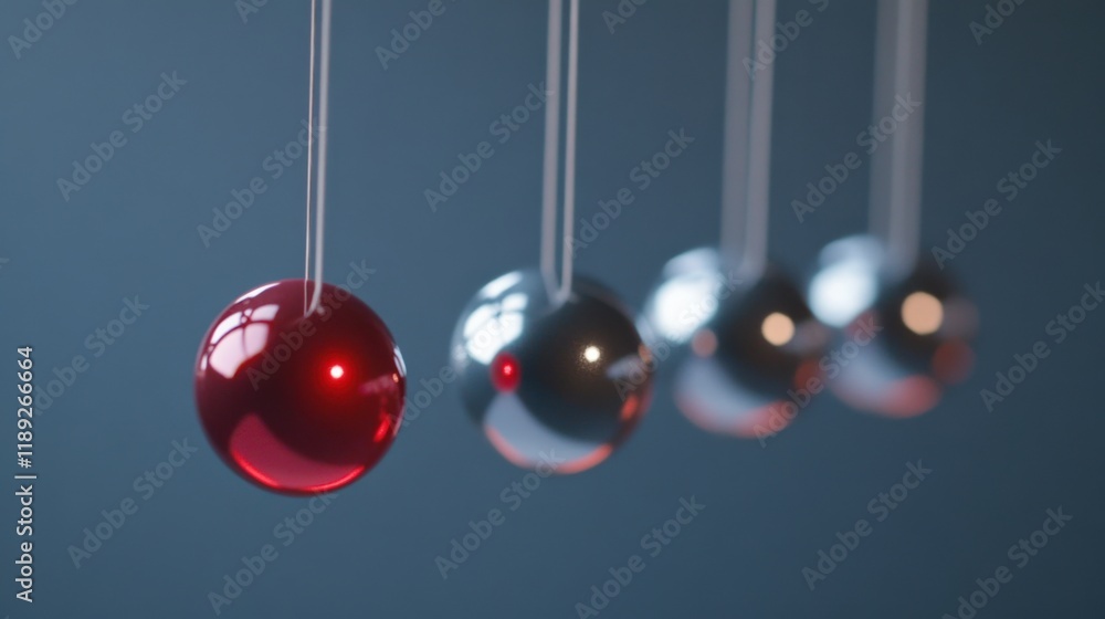 red sphere swinging in a newton's cradle red sphere swinging in a newton's cradle