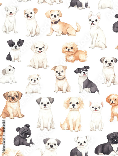 watercolor illustration of Seamless hand-drawn pattern of various small cute and playful dogs on a clean white background. The dogs are illustrated in a whimsical, cartoon style,