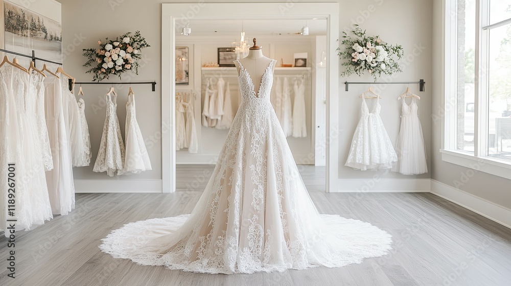 Elegant Lace Wedding Gown in a Bridal Boutique Setting Elegant Lace Wedding Gown in a Bridal Boutique Setting