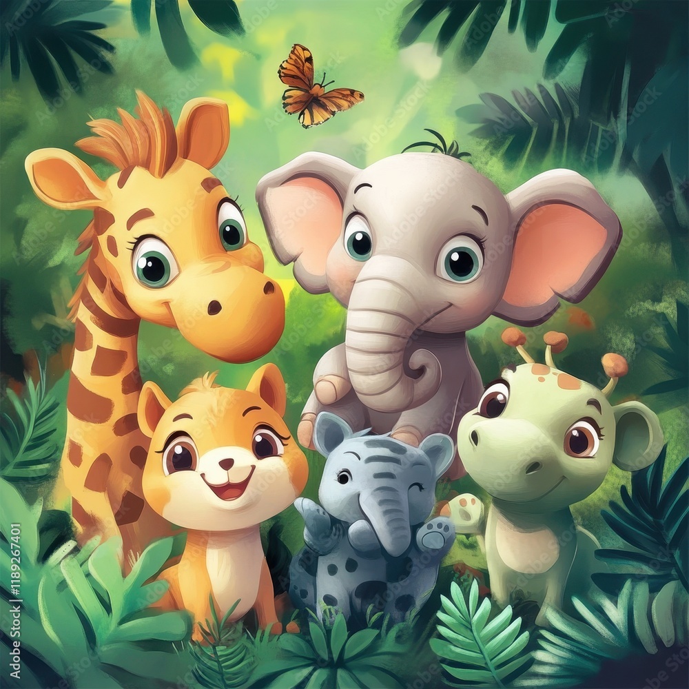 Naklejka premium Adorable Baby Animals Playing in Lush Jungle Foliage