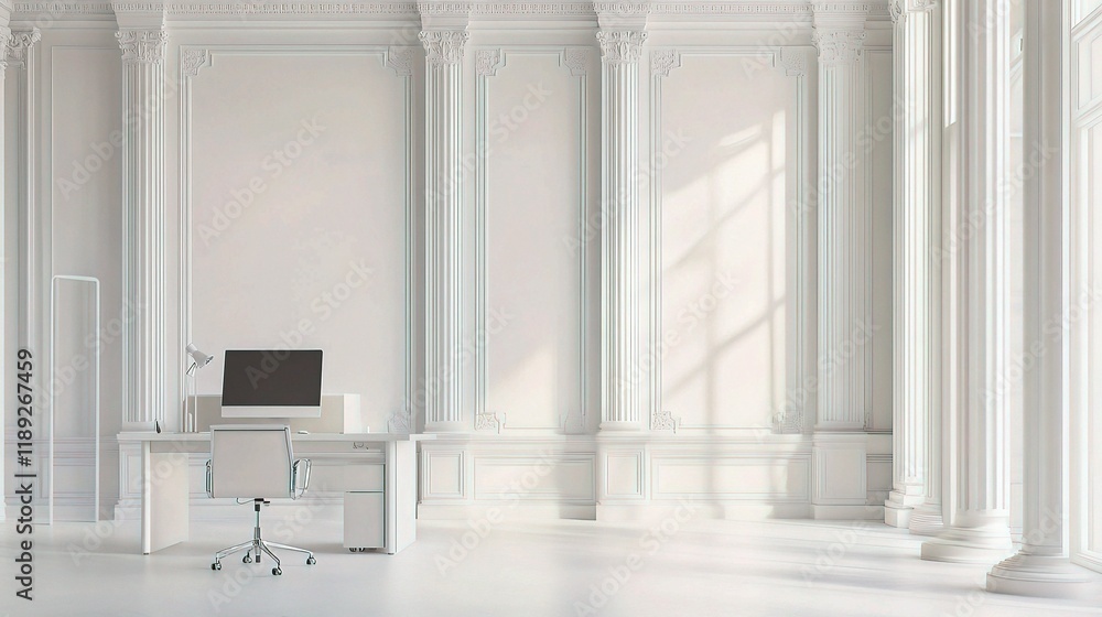 Fototapeta premium Elegant White Office Corner with Columns and Modern Computer Desk