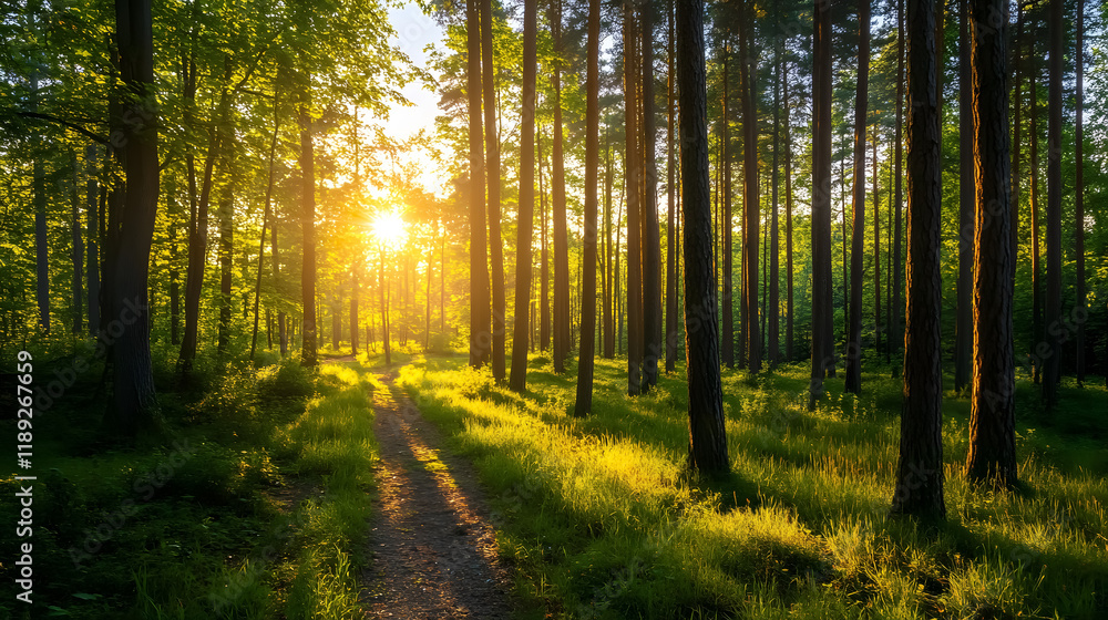 Obraz premium A sunlit summer forest scene.