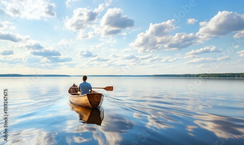 Man rowing boat on calm lake, sunny day (1) photo