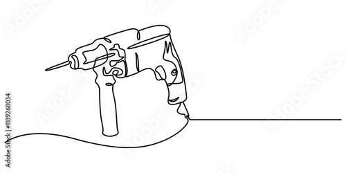 Electric Drill with Spiral Bit Continuous Line Art for Precision in Construction and Manufacturing, electric drill one continuous line drawing vector illustration, Continuous Line Drawing of Cordless.