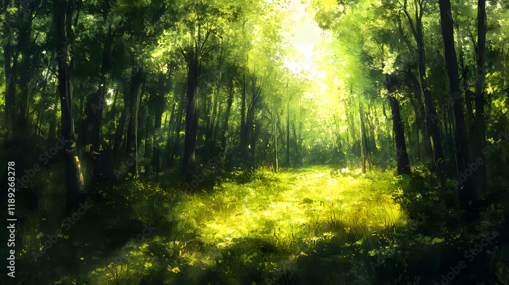 Fototapeta premium A sunlit summer forest scene.