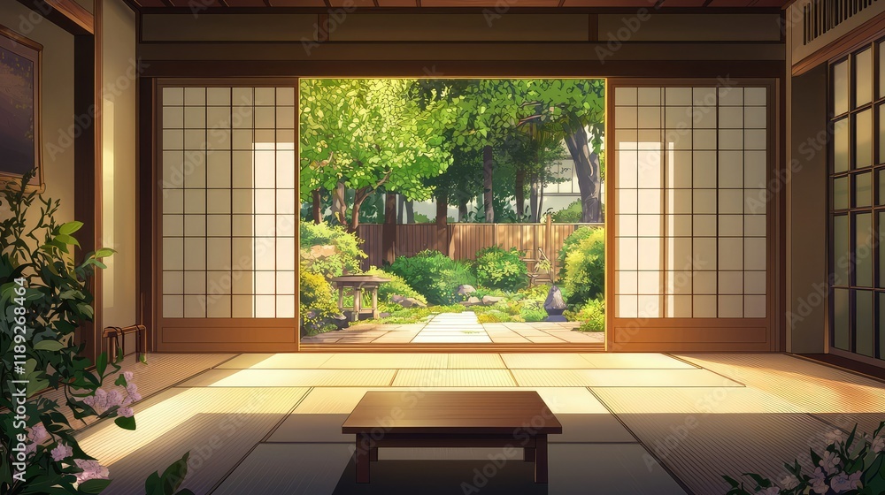 Naklejka premium Tranquil Japanese Garden View Through Sliding Doors in a Room