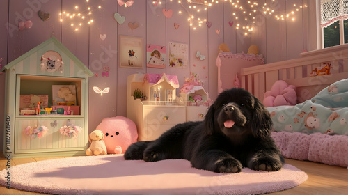 Adorable Newfoundland Puppy in a Pink Girl's Bedroom photo