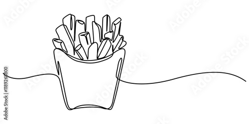 Fried potato sticks in modern single line drawing style,  in continuous line art. Vector illustration, Continuous one line drawing of french fries. Single line drawing of fast food. Silhouette of pro.