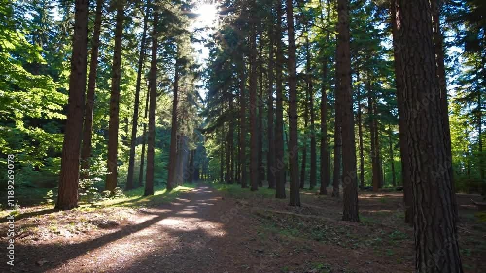 A serene forest path illuminated by sunlight, surrounded by tall trees, perfect for a peaceful walk and enjoying nature's beauty.