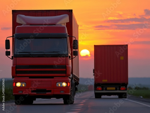 Red Trucks Driving on Rural Road Against Beautiful Sunset in the Background, Highlighting Transportation and Logistics Industry at Dusk photo