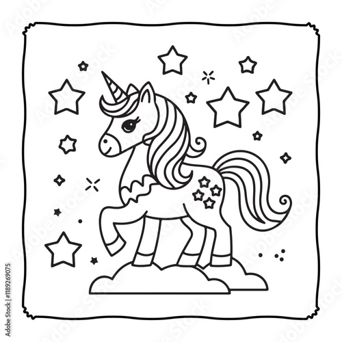 Cute and Cozy Coloring page, Bold and easy Coloring Page, unicorn coloring page, line art, black and white image