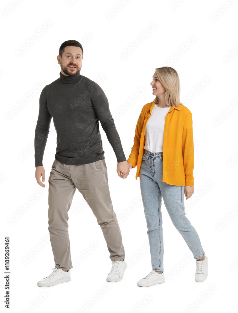 Man and woman walking on white background Man and woman walking on white background