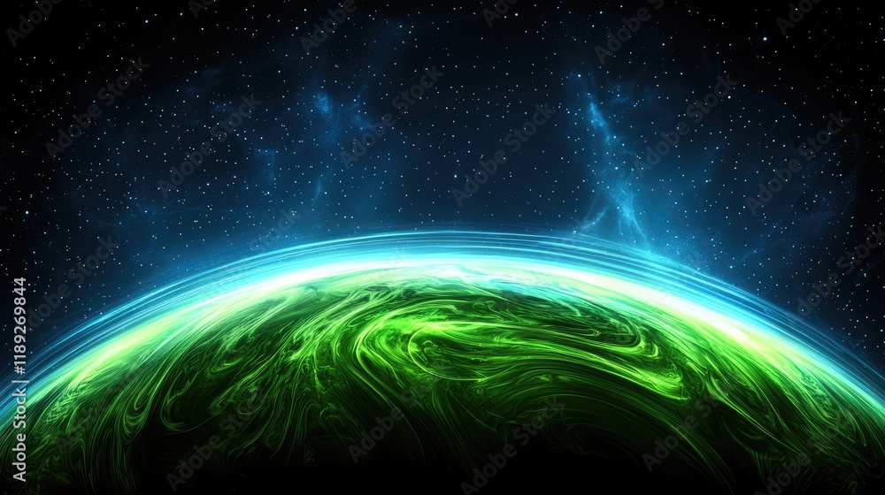 Fototapeta premium Exploring the mystical green planet outer space digital art cosmic environment aerial view sci-fi concept
