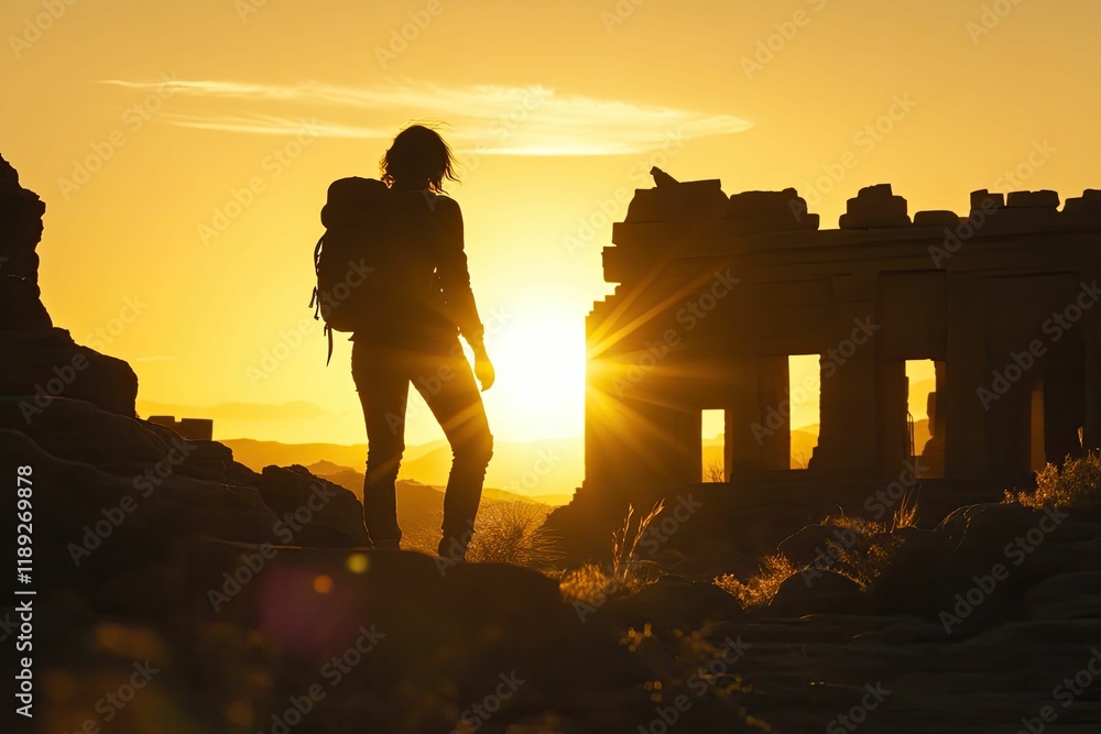 Fototapeta premium Silhouette of hiker at sunset, ancient ruins.