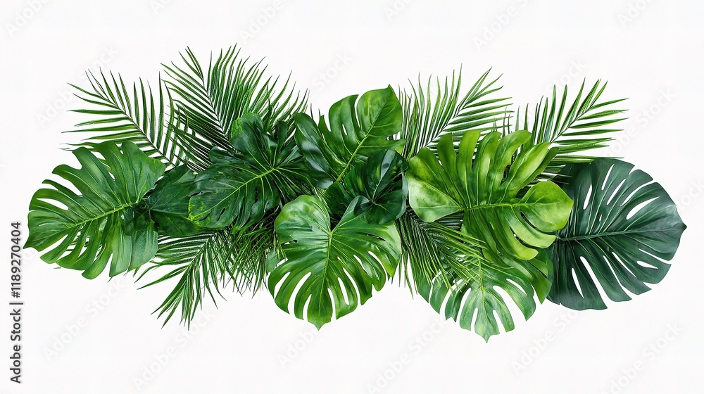 Trendy Tropical Green Artwork with Horizontal Composition of Leaves Trendy Tropical Green Artwork with Horizontal Composition of Leaves