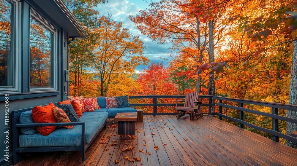 Obraz premium Cozy Autumn Deck with Colorful Foliage in Warm Evening Light