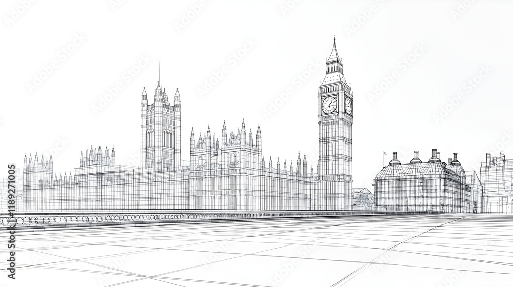 3D wireframe illustration of London city featuring Big Ben Tower. concept for such as architectural design, cityscape visualization, urban planning, tourism or modern engineering. 3D wireframe illustration of London city featuring Big Ben Tower. concept for such as architectural design, cityscape visualization, urban planning, tourism or modern engineering.