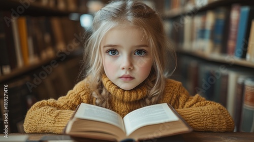 A young girl with blonde hair and blue eyes sits at a table in a library, intently reading a book.
